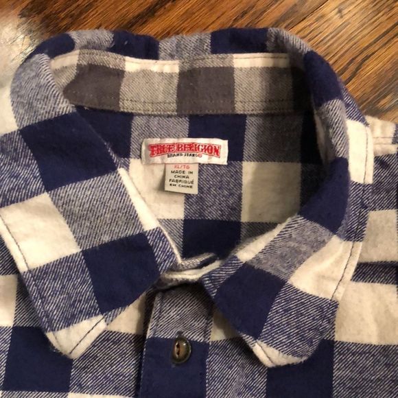 TRUE RELIGION Fleece Long Sleeve Navy White Plaid Western Button Down Shirt XL - Picture 5 of 12